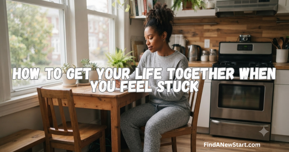 Woman sitting thoughtfully at a kitchen table while learning how to get your life together when feeling stuck.