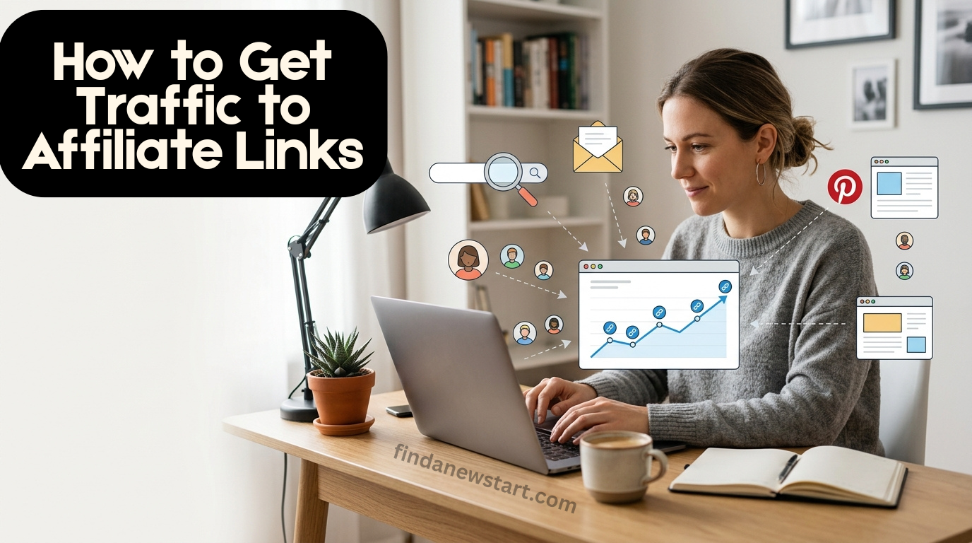 Woman looking at her laptop wondering as to how to get traffic to affiliate links