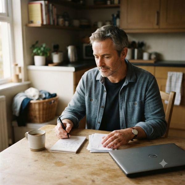 Man writing notes beside paperwork and a laptop while planning how to get your life together.
